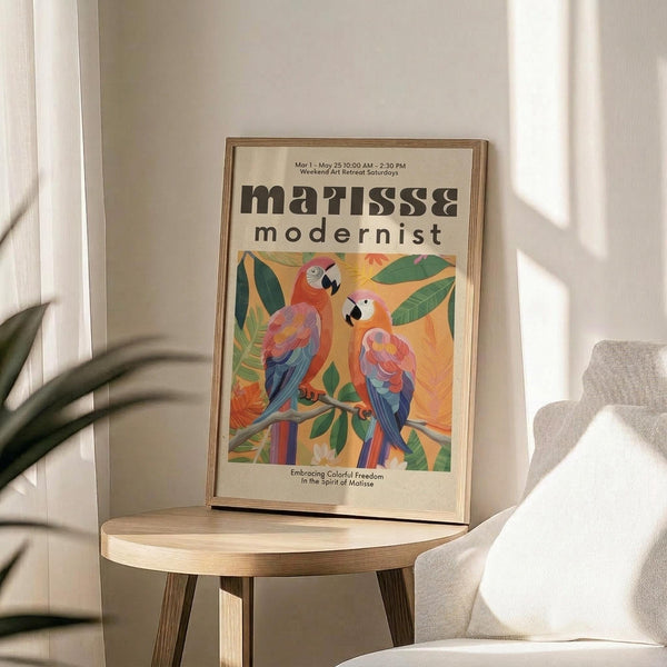 May include: A framed poster featuring two colorful parrots perched on branches surrounded by tropical foliage in vibrant oranges, greens, and blues. The artwork displays "matisse modernist" text at the top with "Embracing Colorful Freedom In the Spirit of Matisse" below. The print sits in a thin wooden frame on a round wooden side table next to a beige upholstered chair, with natural sunlight casting shadows across the neutral-toned room and a plant visible in the corner.