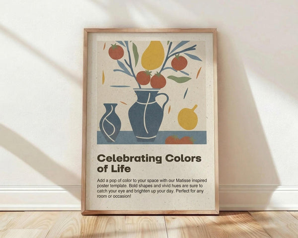 May include: Framed poster with Matisse-inspired still life artwork featuring colorful fruit and vases in blue, yellow, red and green against cream background, displayed leaning against white wall on light wood floor with natural window light creating soft shadows