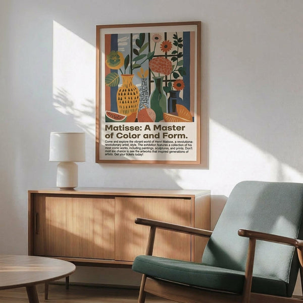 May include: Framed colorful art print featuring stylized vases with flowers, fruits, and botanical elements in vibrant oranges, greens, and blues, displayed above a wooden sideboard with white ceramic lamp. Mid-century modern living room setting with mint green upholstered armchair, round coffee table, and natural sunlight casting shadows on white wall.