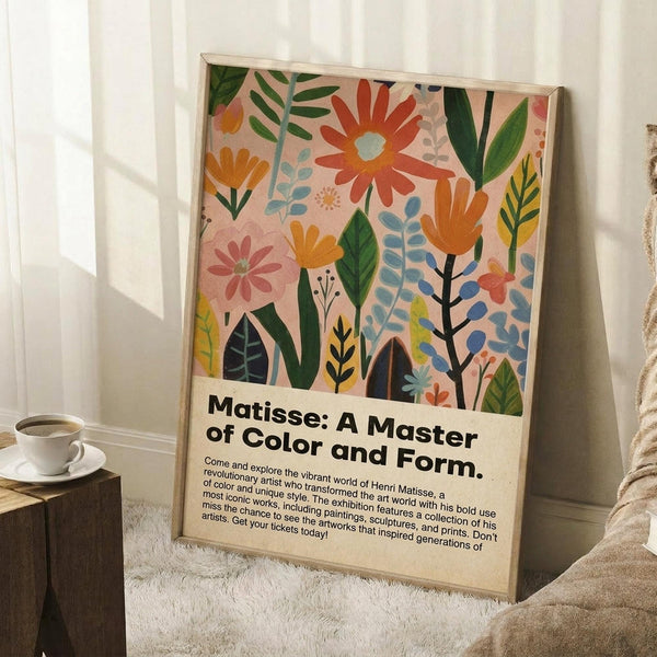 May include: Framed poster with colorful floral botanical design in pink, orange, green and blue tones, featuring stylized flowers and leaves in modern artistic style. Black text below reads about Matisse exhibition. Wood frame leans against white wall on fluffy white rug next to small wooden side table with white coffee cup and saucer.