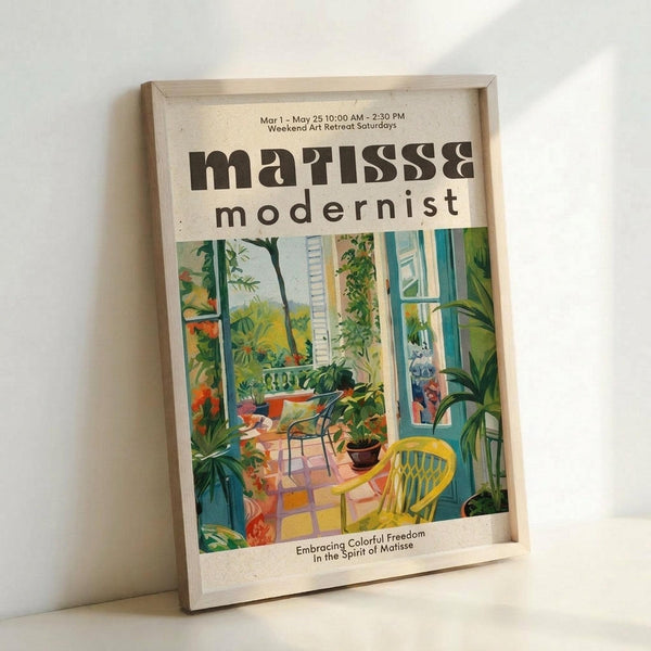 May include: Framed vintage-style art poster featuring colorful modernist interior scene with bright yellow chair, green plants, orange tiled floor, and blue window frames. Light wood frame displayed against white wall corner, showing vibrant tropical garden view through windows with lush foliage and pottery.
