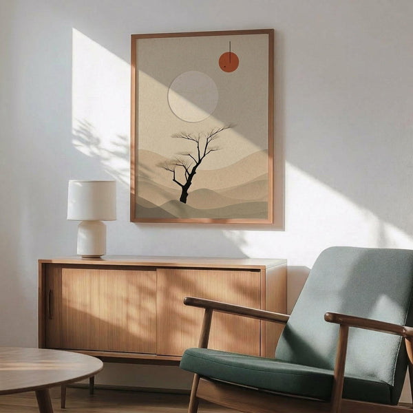 May include: Framed minimalist desert landscape artwork hanging above a wood credenza in a mid-century modern room setting. The artwork features a bare tree silhouette against layered beige mountain ranges with white and orange circular shapes representing celestial bodies. Natural sunlight casts shadows across white walls. Scene includes a sage green upholstered armchair with wooden frame, round coffee table, and ceramic table lamp with white shade.
