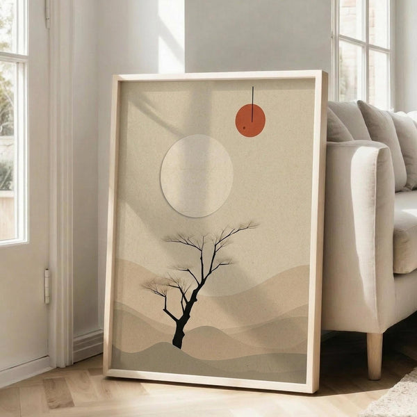 May include: Framed minimalist desert landscape print with beige textured background, black leafless tree, layered sandy hills, white moon, and small orange sun. Light wood frame leaning against white wall next to beige upholstered chair in bright room with large windows.