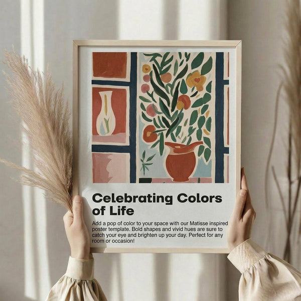 May include: Person holding framed botanical poster with abstract floral design featuring terracotta vases, green foliage, and geometric shapes in Matisse-inspired style. Natural wood frame against white curtained background with dried pampas grass stems. Warm earth tones including rust orange, sage green, and cream colors in modern artistic composition.