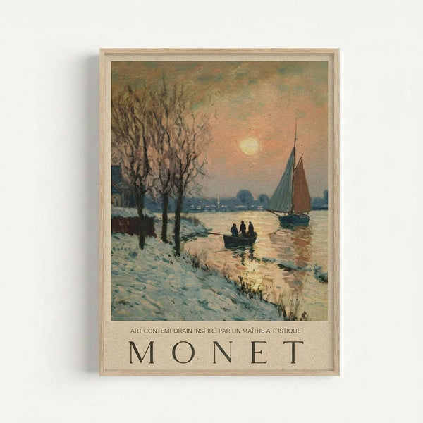 Framed art print featuring a winter landscape scene with boats on water at sunset. The impressionist-style painting shows snow-covered ground with bare trees on the left, sailboats on a river or lake, and a warm golden sun in a peachy-pink sky. Small figures appear in a rowboat. Below the artwork is French text and "MONET" in large letters. The print has a light wooden frame and casts a shadow against a white wall.