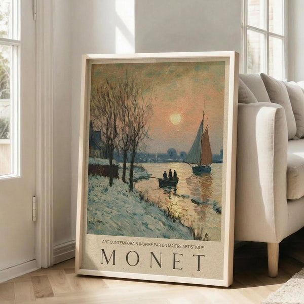 May include: Framed poster print of Monet's winter landscape with sailboat on water, bare tree in foreground, and pale sun in cloudy sky. Light wood frame leaning against white wall next to beige armchair in bright living room with large windows.