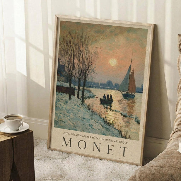 May include: Framed art print displaying an Impressionist winter river scene with sailing boats, bare trees, and warm sunset sky in muted blues, oranges and whites. The poster features "MONET" text at bottom and leans against white wall near wooden side table with coffee cup and cozy blanket in softly lit room.