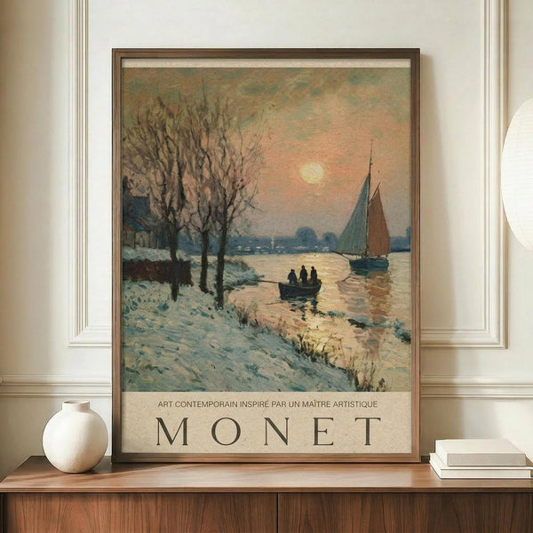May include: Framed Monet-style winter landscape poster showing snow-covered riverbank with bare trees, sailboat on water during sunset or sunrise with peachy-orange sky. Print displayed on wooden sideboard next to white ceramic vase and stacked books in elegant room with cream walls and white molding.