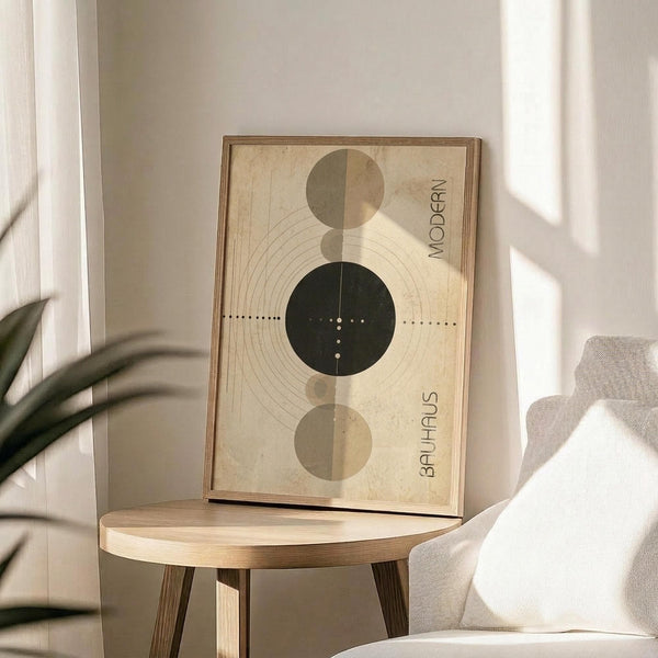 May include: Framed geometric art print with cream background featuring three circles in sage green and dark green tones, concentric line patterns, and dotted details with "MODERN" and "BAUHAUS" text, displayed on light wood round side table next to beige upholstered chair with plant shadow in bright, minimalist room setting