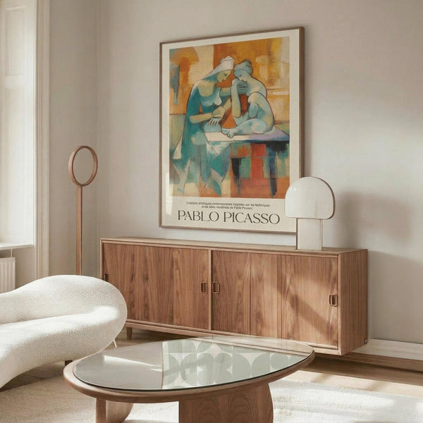 May include: Pablo Picasso exhibition poster featuring cubist artwork of two seated figures in blue, orange and white tones, displayed in thin frame above walnut credenza. Modern living room with cream sculptural chair, glass oval coffee table, white mushroom lamp, and brass floor mirror. Neutral walls with natural lighting.