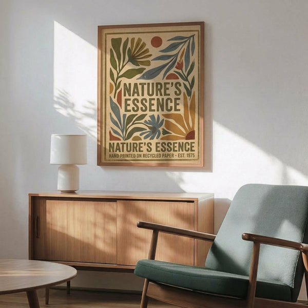 May include: Vintage-style botanical poster with earth-toned leaves, plants and sun motifs in a wooden frame, displayed above a mid-century modern credenza with table lamp. Teal upholstered chair with wooden arms sits nearby on wooden flooring. Natural sunlight creates geometric shadows on white wall, creating a warm, retro-inspired living room scene.