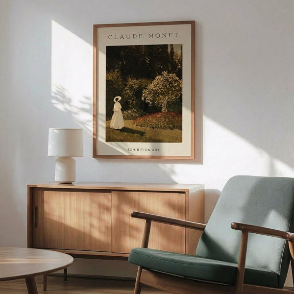 May include: Framed Claude Monet exhibition art print hanging on white wall above wooden sideboard with table lamp. Green upholstered armchair with wooden frame sits nearby. Artwork shows woman in white dress with parasol walking through garden with flowering bushes. Natural sunlight creates dramatic shadows across the mid-century modern furniture and warm wood tones.