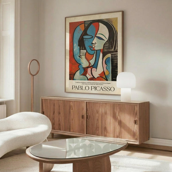 May include: Framed Pablo Picasso exhibition poster featuring colorful cubist portrait of a woman with geometric shapes in blues, reds, and warm tones, displayed above a mid-century modern walnut credenza with white marble top. Room scene shows cream upholstered swivel chair, glass oval coffee table, brass floor lamp, and white sculptural vase on polished floors with soft natural lighting.