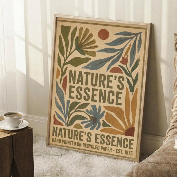 May include: Framed vintage-style poster with botanical illustrations in earth tones - green, rust, blue, and cream colors featuring tropical leaves, flowers, and sun motifs with "Nature's Essence" text and "Hand Printed on Recycled Paper - Est. 1975" at bottom. Shown leaning against white wall in cozy room setting with coffee cup on wooden surface and cream knit throw blanket on white textured rug.