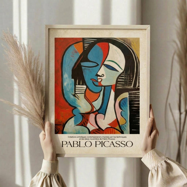 May include: Person in cream sweater holding framed Pablo Picasso poster print featuring abstract cubist portrait of woman with blue and red geometric forms, black hair, against colorful background. Light wood frame with cream matting. Dried pampas grass visible on left side, soft natural lighting from window.