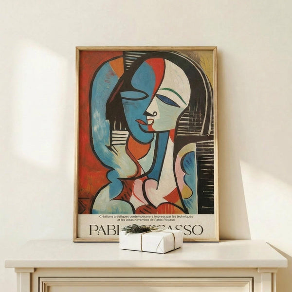 May include: Framed Picasso-style cubist artwork showing abstract female figure with geometric blue, red, and white shapes, displayed on light wood surface beside small wrapped gift. The poster features bold colors and angular forms typical of modernist art, set in thin natural wood frame against neutral wall.