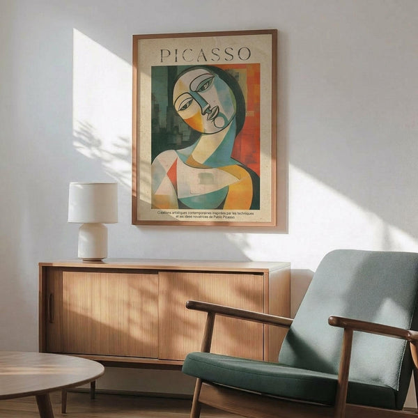 May include: Framed Picasso-style abstract portrait poster showing stylized figure with geometric face in green, orange, and cream tones, displayed above mid-century modern wooden sideboard with table lamp, next to sage green upholstered armchair with wooden frame in sunlit room with white walls