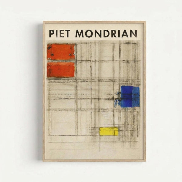 Framed poster featuring a geometric abstract composition with a grid of black lines on cream background. Two red rectangles in the upper left, one blue square on the right side, and one small yellow rectangle near the bottom center. The artwork has a sketchy, hand-drawn quality with visible pencil marks. Displayed in a light wooden frame against a white wall.