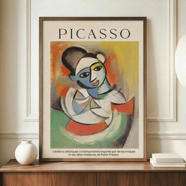May include: Framed Picasso-style cubist portrait poster displayed on wooden sideboard against cream wall with decorative molding. Artwork features abstract female figure with geometric shapes in blues, greens, oranges and yellows. Small white ceramic vase and stacked books flank the brown wooden frame. French text appears below the colorful modernist composition.