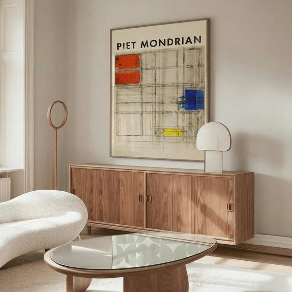 May include: Piet Mondrian art print displayed above wooden sideboard in modern living room with white curved chair, glass coffee table, and minimalist decor. Abstract geometric artwork features grid lines with red, blue, and yellow color blocks on cream background in thin frame.