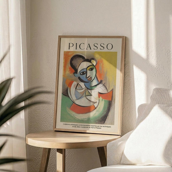 May include: Framed Picasso-style cubist portrait poster in light wood frame, displayed on round wooden stool next to beige armchair and plant. Artwork features abstract female figure with geometric shapes in blues, greens, oranges and yellows against cream background with "PICASSO" text at top.