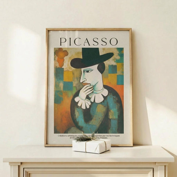 May include: Framed Picasso-style cubist portrait poster showing a figure in dark hat and blue clothing with white collar against colorful geometric background, displayed on light wood console table beside small wrapped gift, in minimalist room setting with cream walls and natural lighting.