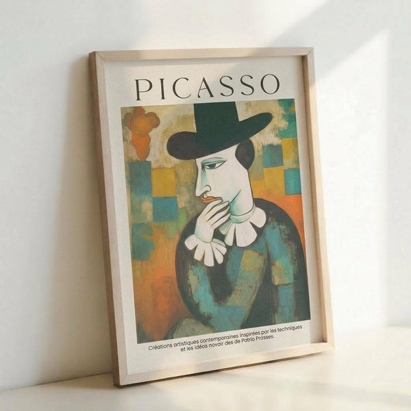 May include: Framed poster print of cubist-style portrait showing figure in dark hat and blue clothing with white ruffled collar, hand raised to chin in contemplative pose. Colorful geometric background in yellows, greens and oranges. Light wooden frame against white wall, French text visible at bottom of print.