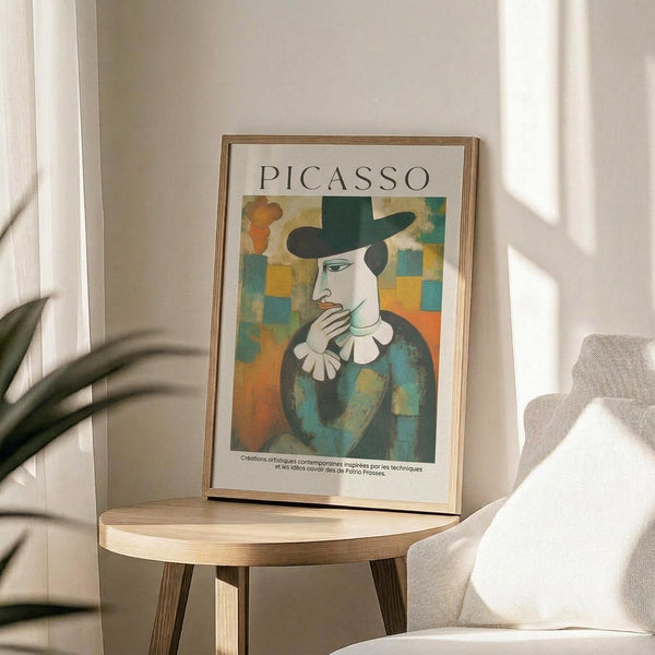 May include: Framed Picasso-style portrait print featuring a figure in a dark hat and blue-green clothing with white collar against a colorful geometric background. The artwork sits on a wooden round side table next to a beige upholstered chair, with natural sunlight streaming across white walls and a plant visible in the corner of the modern living space.