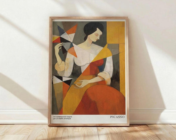 May include: Framed cubist-style art print featuring a woman in geometric forms holding a colorful fan, rendered in orange, yellow, white, and dark tones. The wooden-framed poster leans against a white wall on light wood flooring with natural shadows, showing "PICASSO" text at bottom.