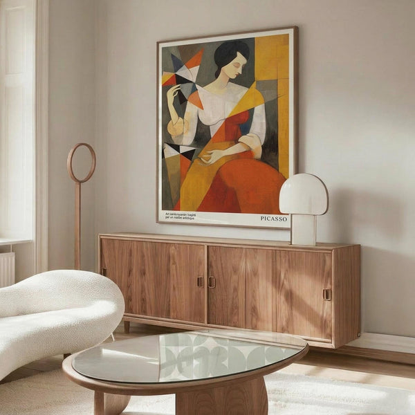May include: Framed cubist-style artwork featuring a seated woman in geometric orange, yellow, and black shapes holding a fan, displayed above a walnut wood credenza with sliding doors. Modern living room setting with cream upholstered chair, glass oval coffee table, and white spherical table lamp. Minimalist decor with neutral walls and natural lighting.