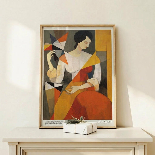 May include: Framed poster displaying a cubist-style woman in geometric orange, yellow, white and black shapes, holding a colorful angular fan. The artwork sits on a light wood shelf against a cream wall, with a small white wrapped gift box positioned in front. Natural lighting creates soft shadows on the minimalist setting.