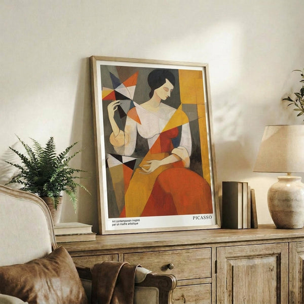 May include: Framed cubist-style poster featuring a seated woman in geometric orange, yellow, and navy shapes, displayed on a rustic wooden sideboard alongside a fern plant, ceramic vase, and books in a warm-toned living room setting with beige furniture.