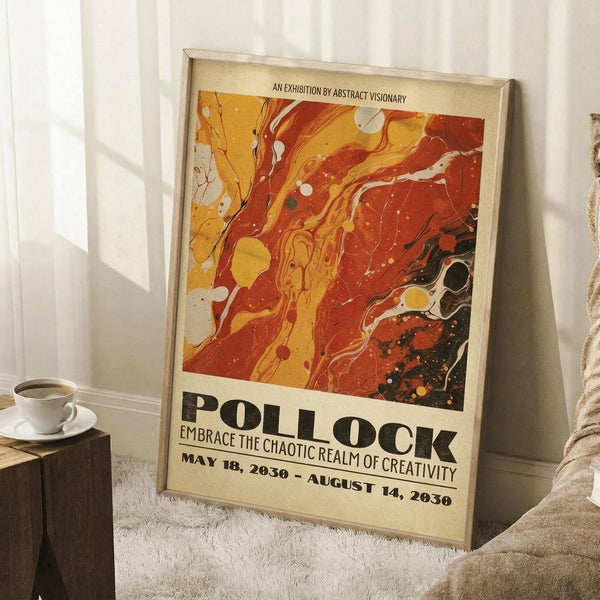 May include: Framed abstract art poster with vibrant orange, red, and yellow marbled paint swirls in Jackson Pollock style, leaning against white wall corner. Poster shows exhibition text "POLLOCK - EMBRACE THE CHAOTIC REALM OF CREATIVITY" with dates. Scene includes white coffee cup on wooden side table, cream textured rug, and beige throw blanket nearby. Natural window light creates soft shadows on the wall.