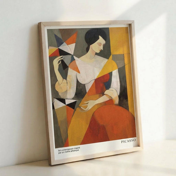 May include: Framed cubist-style artwork featuring a seated woman with black hair holding a fan, rendered in geometric shapes with orange, yellow, white, and gray tones. The print displays "PICASSO" text at bottom with French description. Light wood frame leans against white wall on white surface.