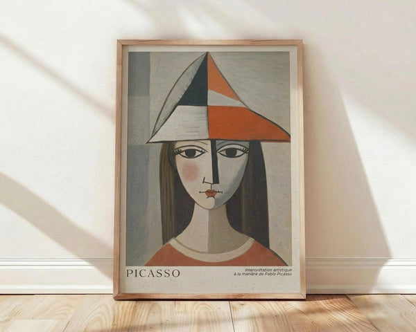 May include: Framed cubist-style portrait of a woman wearing a geometric hat with orange, black, and white triangular sections. The artwork features a pale face with dark hair, red lips, and is rendered in muted earth tones against a gray background. The poster is displayed in a light wood frame, leaning against a white wall on wooden flooring with natural sunlight casting diagonal shadows across the scene.