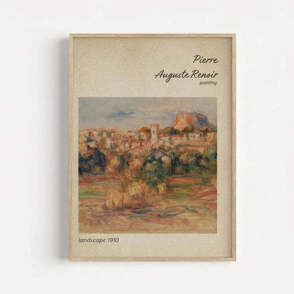 May include: Framed art print displaying an Impressionist landscape painting with warm earth tones showing a Mediterranean hillside village. The artwork features soft brushstrokes depicting terracotta buildings nestled among green vegetation and rolling hills under a pale sky. The print is mounted in a light wood frame with cream matting, displayed against a white wall. Text identifies the artist and date above and below the image.