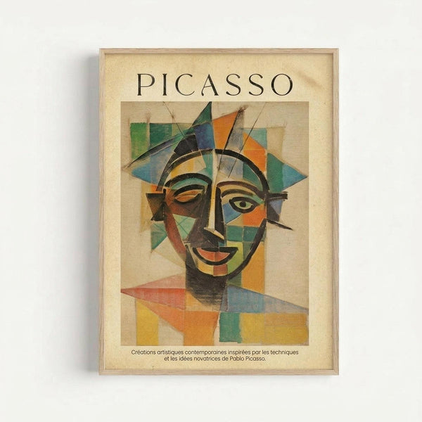 Framed vintage-style poster featuring an abstract cubist portrait of a face in geometric shapes and vibrant colors including blues, oranges, greens, and yellows. The artwork shows fragmented facial features with one visible eye, rendered in overlapping triangular and angular forms typical of modernist art. Below the image is French text describing contemporary artistic creations inspired by innovative techniques. The poster has a cream-colored background and is displayed in a light wooden frame
