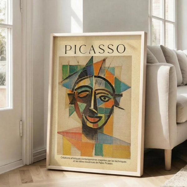 May include: Framed vintage-style poster featuring a cubist portrait with geometric face in vibrant blues, oranges, greens, and yellows against cream background, displayed on light wood floor beside beige armchair near white-framed windows in bright living room setting.