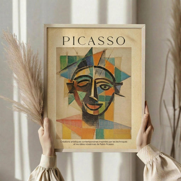 May include: Person in cream clothing holding a framed Picasso-style abstract portrait poster featuring a fragmented face in geometric shapes with vibrant colors including blues, oranges, greens, and yellows. The vintage-style print has "PICASSO" text at top and French text below. Natural dried pampas grass visible on left, neutral home interior background with soft lighting.
