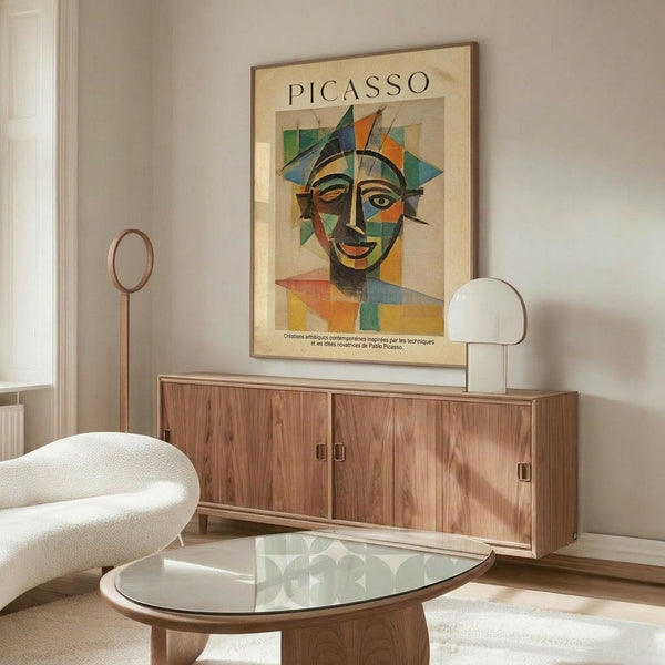 May include: Colorful geometric Picasso-style face poster with angular features in blues, greens, oranges and yellows, displayed above a mid-century modern walnut credenza. Room features white curved chair, glass oval coffee table, modern brass floor lamp, and neutral walls with natural lighting.