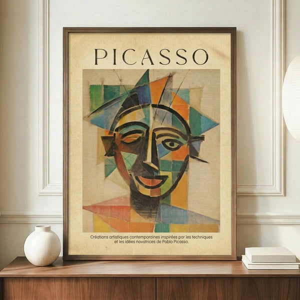 May include: Framed vintage-style cubist portrait poster featuring an abstract face with geometric shapes in orange, blue, green, and yellow tones, displayed on a wooden credenza alongside a white ceramic vase and stacked books in a room with cream walls and white trim molding.