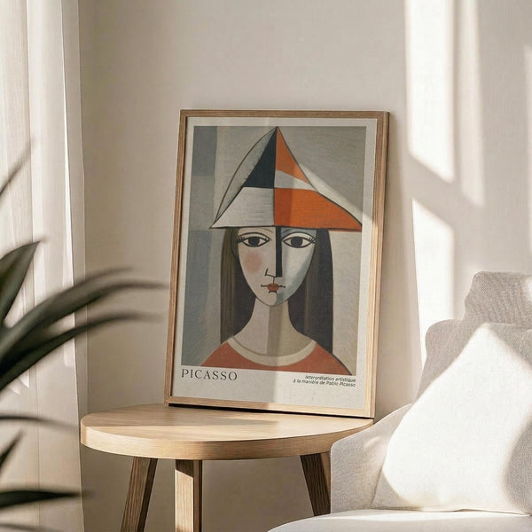 May include: Framed art print featuring a cubist-style portrait of a woman with geometric orange and black triangular hat, long dark hair, and coral-colored top against muted gray background. Print displays in thin gold frame on round wooden side table next to beige upholstered chair with decorative pillow. Soft natural lighting creates window shadows across white wall, with green plant leaves visible in corner.