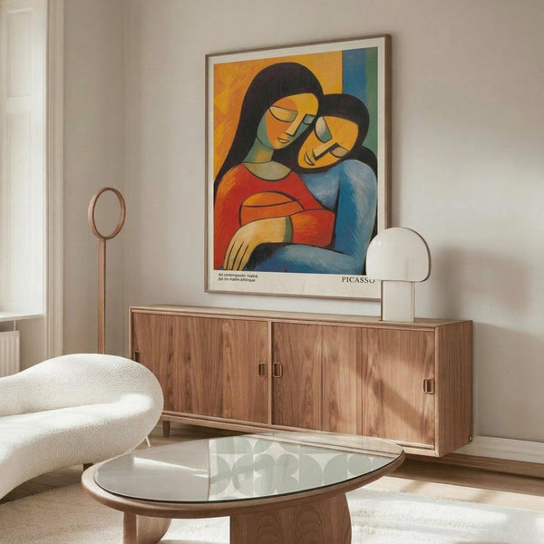 May include: Modern living room with wooden credenza displaying framed Picasso-style poster featuring two embracing women in cubist style with vibrant orange, blue, and red colors. White upholstered chair, glass coffee table, and minimalist brass floor lamp complete the contemporary interior setting.
