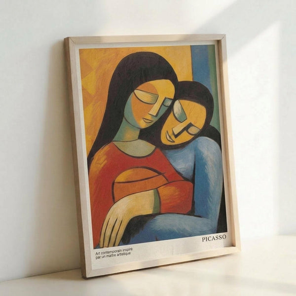 A framed art print in Picasso-inspired cubist style showing two figures with geometric faces in warm oranges and cool blues. The larger figure wears red and embraces a smaller figure in blue. Both have stylized angular features with closed eyes. The artwork is displayed in a light wooden frame against a white wall, with French text at the bottom reading "Art contemporain inspiré par un maître artistique."