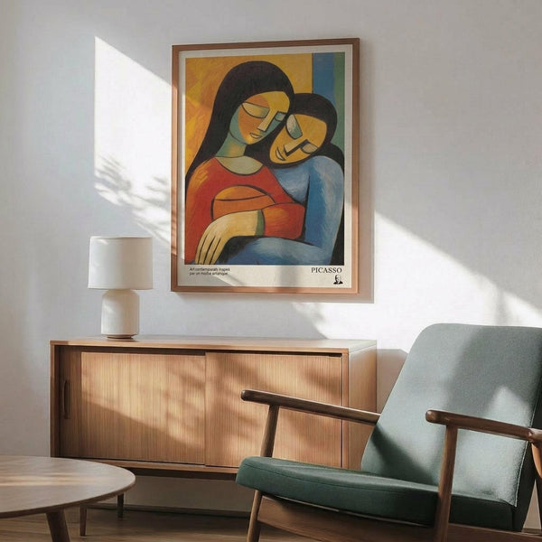 May include: Framed Picasso-style poster featuring two women in an abstract cubist composition with warm orange, blue, and red tones, displayed above a wooden sideboard with white ceramic lamp in a modern living room setting with mint green mid-century chair and natural lighting creating geometric shadows on white wall