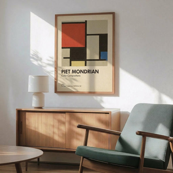 May include: Framed Piet Mondrian exhibition poster with geometric abstract composition in red, blue, yellow, black and white rectangles, displayed above mid-century modern wood credenza with white ceramic lamp, next to sage green upholstered armchair with wooden arms in sunlit room with white walls