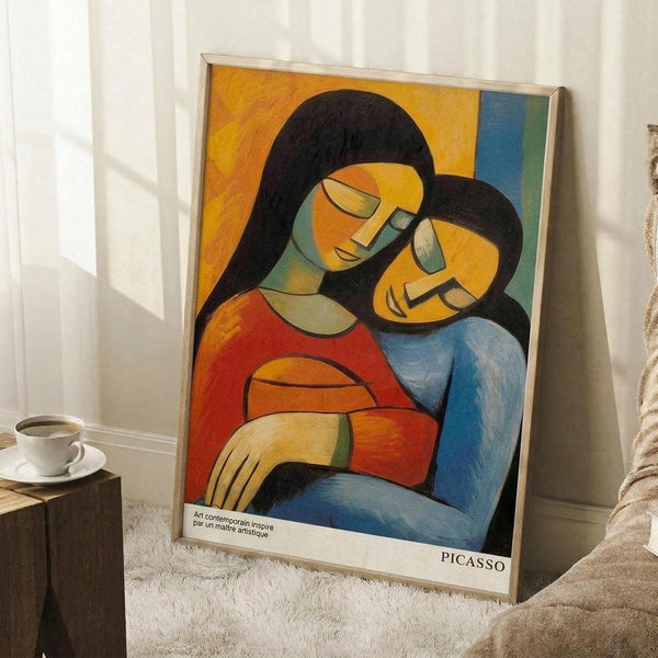 May include: Framed abstract art print featuring two embracing figures with geometric faces and flowing black hair, rendered in bold colors of yellow, orange, red, and blue. The poster leans against white walls on a textured cream rug, with a coffee cup on wooden stool nearby and soft natural lighting creating shadows.