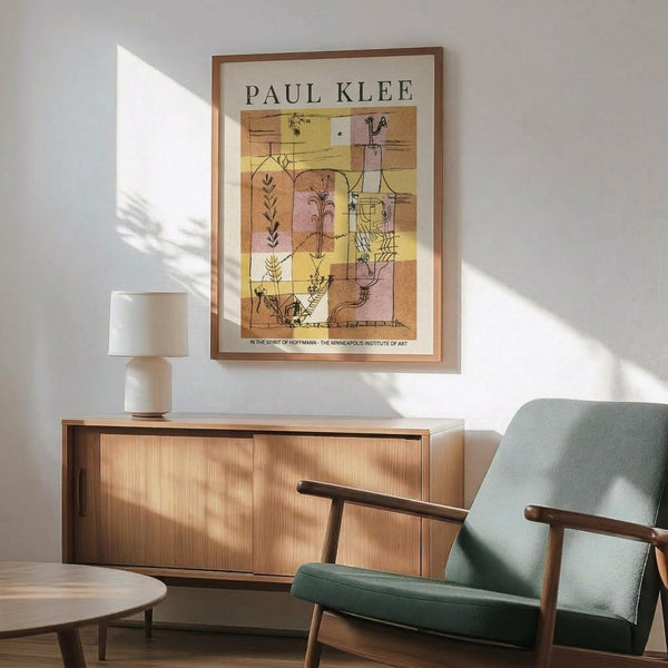 May include: Paul Klee exhibition poster in thin wooden frame hanging on white wall above natural wood credenza with white ceramic table lamp. Sage green mid-century armchair with wooden arms sits beside small round wood side table. Warm sunlight creates shadows across the minimalist room scene. The poster features abstract geometric artwork in warm earth tones of yellow, brown, and pink with botanical and architectural motifs.