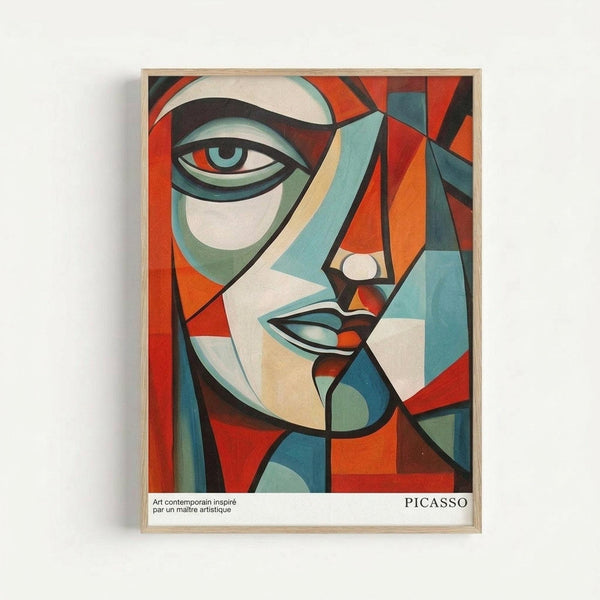 A cubist-style portrait featuring fragmented geometric shapes in vibrant colors including orange, teal, red, and cream tones. The abstract face shows one prominent eye and angular features broken into overlapping planes and curves. The artwork is displayed in a light wooden frame against a white wall, with "PICASSO" text at the bottom and French text reading "Art contemporain inspiré par un maître artistique."