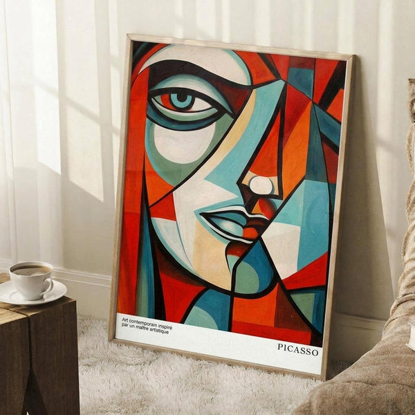 May include: Framed geometric abstract portrait poster in Picasso-inspired cubist style featuring a fragmented face with bold red, orange, teal, and cream color blocks. The artwork shows angular facial features with one prominent eye and curved lips. Frame leans against white wall next to beige sofa, with coffee cup on wooden side table and soft natural lighting creating window shadows on the wall.